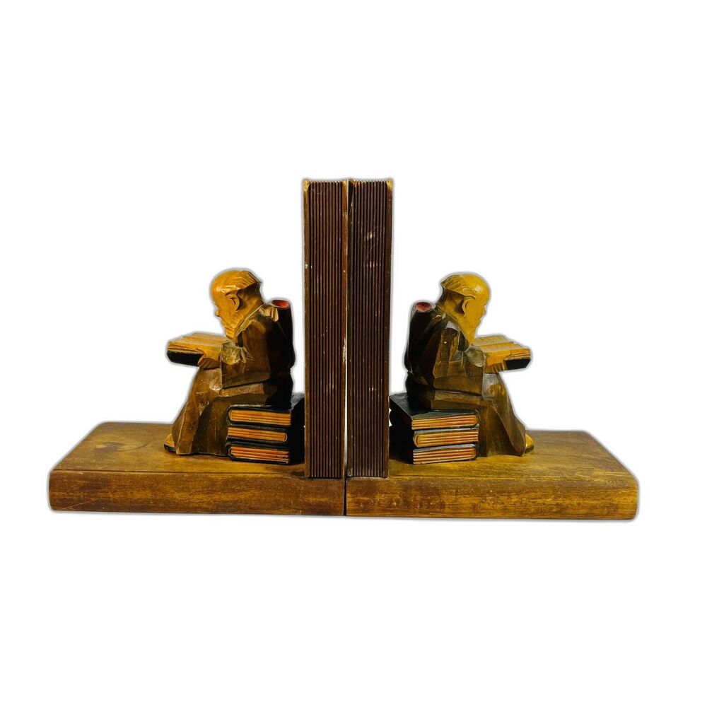 Vintage Wood Carved Monks Scholar Reading Books Sitting on Books Bookends